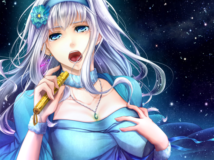 bad_id bad_pixiv_id blue_eyes earrings female flower hair_flower hair_ornament hairband jewelry kiriya_(ahoka030) long_hair macross macross_frontier microphone necklace purple_hair sheryl_nome single_earring solo star_(symbol) tears wristband