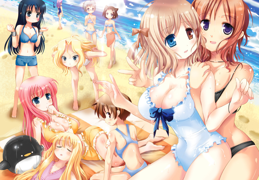 6+girls amae_koromo animal_ears bad_id bad_pixiv_id barefoot beach bent_over bikini bikini_shorts bikini_top_only black_hair blonde_hair blue_eyes bow breasts brown_hair cat_ears cleavage cuffs day dutch_angle etopen fukuji_mihoko hairbow haramura_nodoka heterochromia ikeda_kana kajiki_yumi kunihiro_hajime large_breasts long_hair lying miyanaga_saki multiple_girls navel ocean on_back one-piece_swimsuit outdoors photoshop_(medium) piaroo pink_hair pink_sarong purple_eyes red_hair ryuumonbuchi_touka saki_(manga) sarong shackles short_hair shorts sitting sleeping standing star_(symbol) sunlight swimsuit takei_hisa water yoshitome_miharu