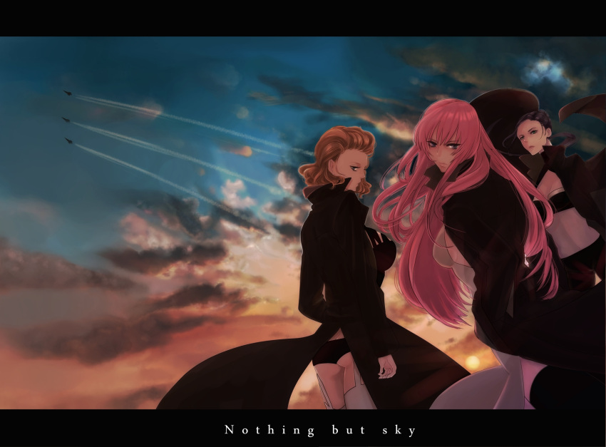 3girls bad_id bad_pixiv_id black_hair blonde_hair blue_eyes coat green_eyes highres kito_(coyo) letterboxed long_hair looking_back megurine_luka multiple_girls pink_hair prima sky sweet_ann vocaloid