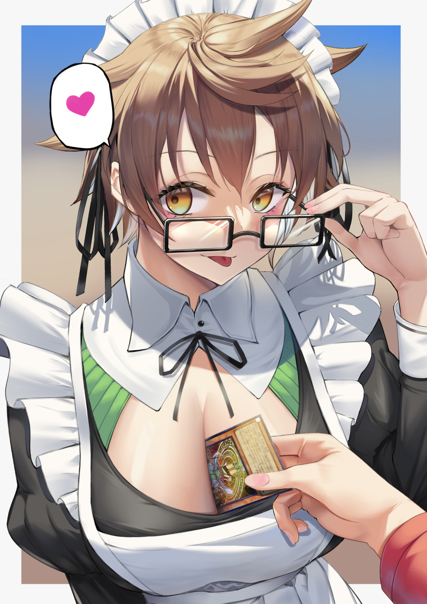 1other absurdres adjusting_eyewear alternate_costume ambiguous_gender apron aussa_(yu-gi-oh!) aussa_the_earth_channeler between_breasts breasts brown_eyes brown_hair card card_between_breasts cleavage detached_collar duel_monster enmaided female frilled_apron frills glasses hand_up heart highres juliet_sleeves large_breasts long_sleeves maid maid_headdress puffy_sleeves sayaka_ikku short_hair spoken_heart yu-gi-oh!