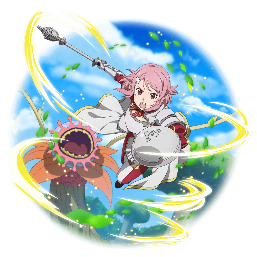 arm_shield armor bad_id breastplate cape energy female floating_hair freckles garish_gerbera highres holding holding_mace holding_weapon lisbeth_(sao) lisbeth_(sao-alo) looking_at_viewer mace magic monster neck_ribbon official_art open_mouth pants pink_hair plant plant_monster pointy_ears red_ribbon ribbon shield short_hair shoulder_armor solo striped striped_ribbon sword_art_online tentacle transparent_background vines waist_cape weapon white_cape white_pants