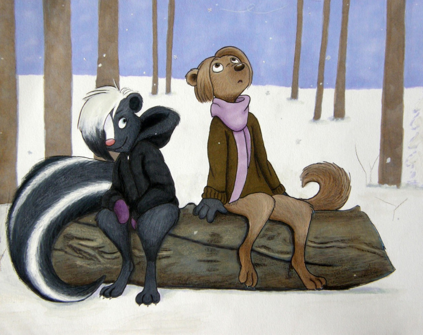 anthro brown_eyes christaphorac clothed clothing duo erica female hair handwear log male mammal mephitid mittens mustelid otter outside plant ricky_(christaphorac) scarf sitting skunk snow tree winter winter_clothing wood