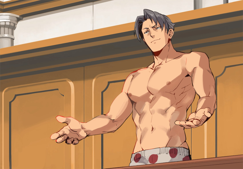 1boy abs black_eyes closed_mouth commentary courtroom curtained_hair english_commentary fingernails grey_hair gyakuten_saiban highres indoors male_focus male_underwear meme miles_edgeworth muscular muscular_male navel nipples oh_no_he's_hot_(meme) parody parted_bangs pectorals polka_dot polka_dot_underwear print_male_underwear raised_eyebrow short_hair smirk solo spongebob_squarepants_(series) topless_male underwear underwear_only white_male_underwear worvies