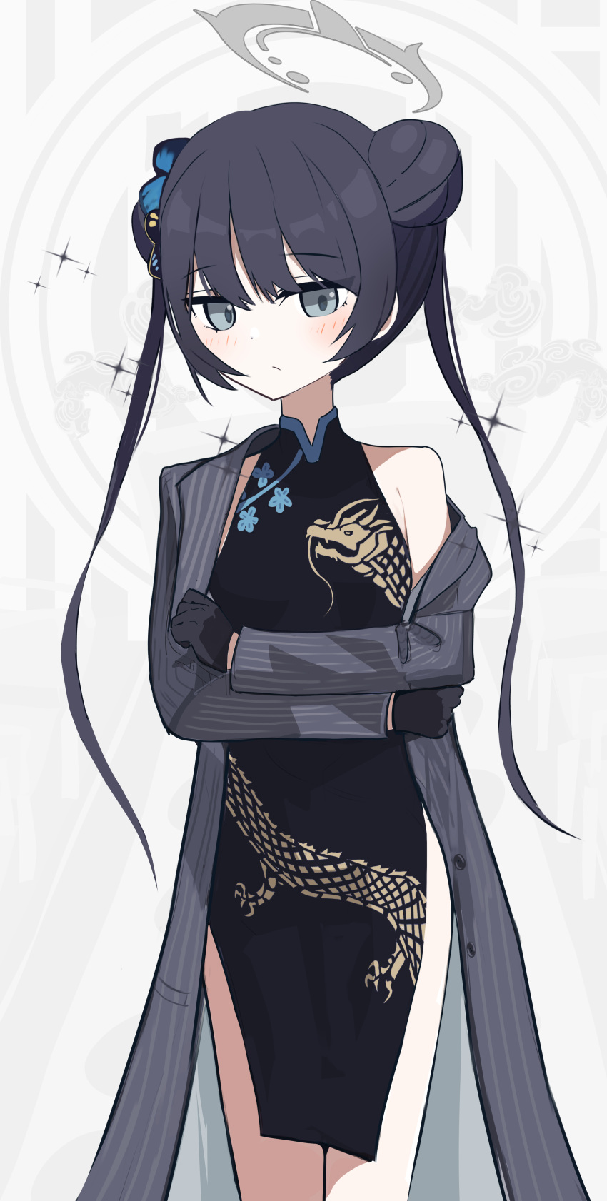 absurdres black_hair blue_archive breasts china_dress chinese_clothes dress female grey_eyes grey_jacket halo highres jacket kisaki_(blue_archive) long_hair looking_at_viewer small_breasts solo thighs thomason366