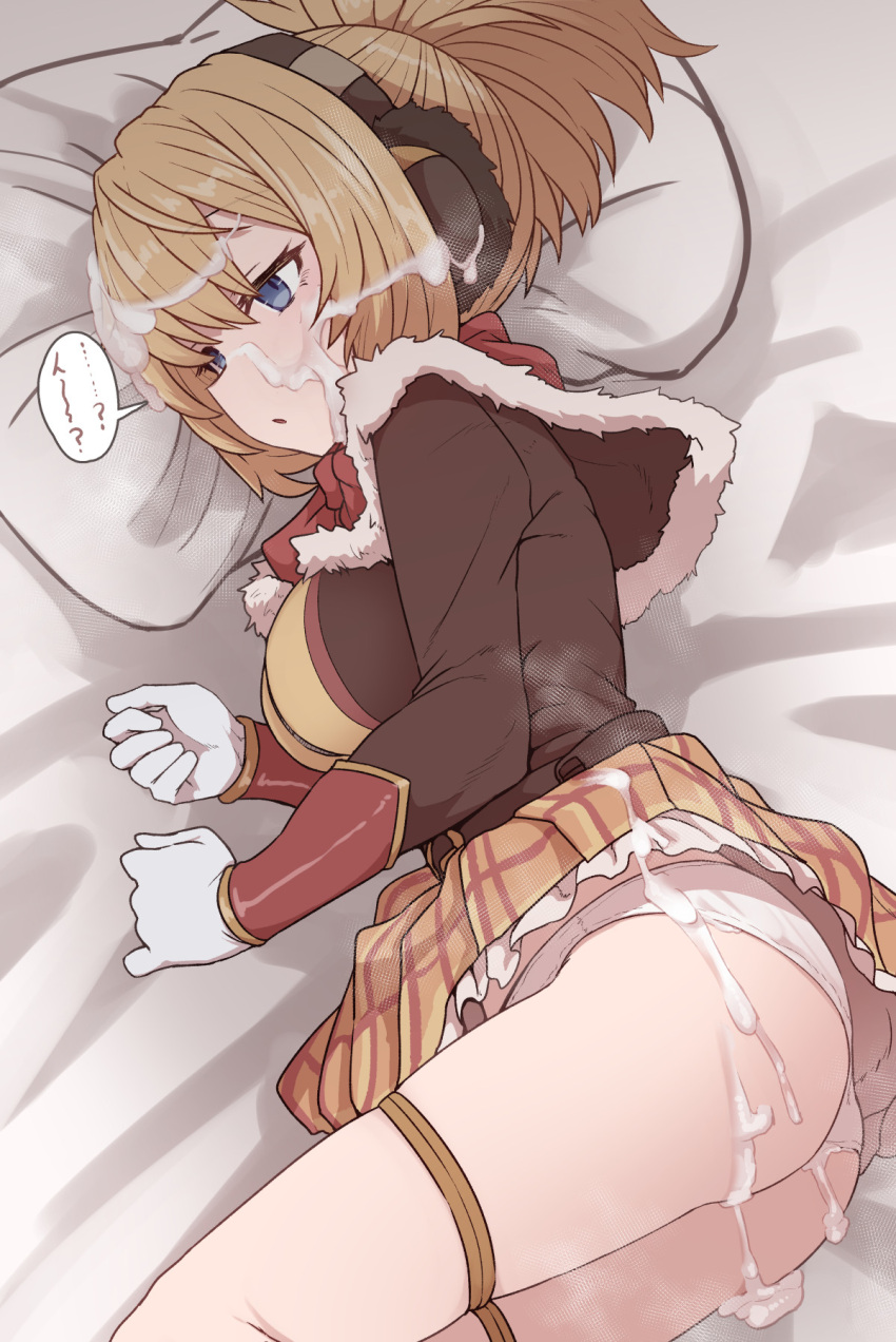 bad_id bad_pixiv_id blonde_hair blue_eyes brown_jacket bukkake cum cum_on_ass cum_on_clothes cum_on_hair cumdrip facial female headphones highres jacket long_sleeves lying megido72 on_bed on_side panties parted_lips pillow ponytail shax_(megido72) sleep_molestation solo_focus sumiyao_(amam) underwear waking_up white_panties