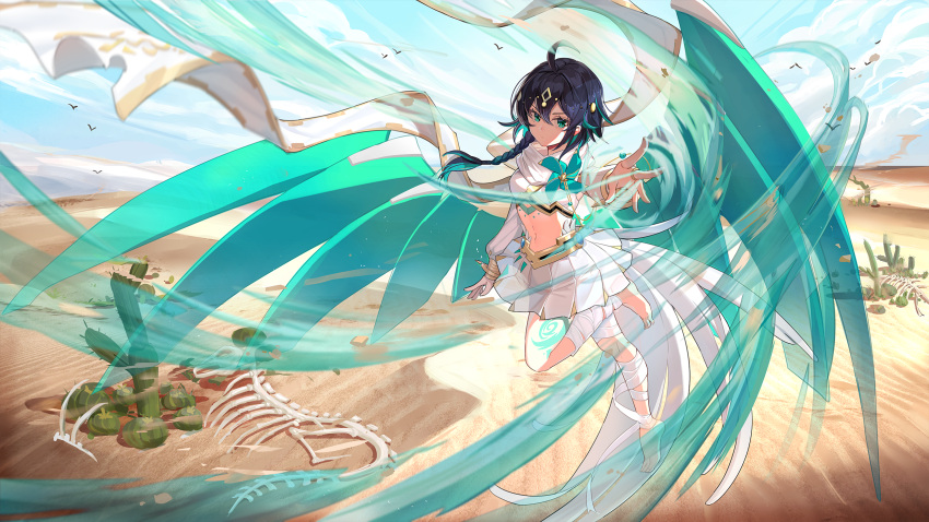 antenna_hair bandages barefoot benghuai_xueyuan blue_sky bone braid cactus closed_eyes cloud cloudy_sky desert female full_body green_eyes green_hair hair_between_eyes hair_ornament highres honkai_(series) looking_at_viewer navel official_art outdoors scarf short_hair skirt sky solo third-party_source toes wendy_(honkai_impact) white_skirt wings