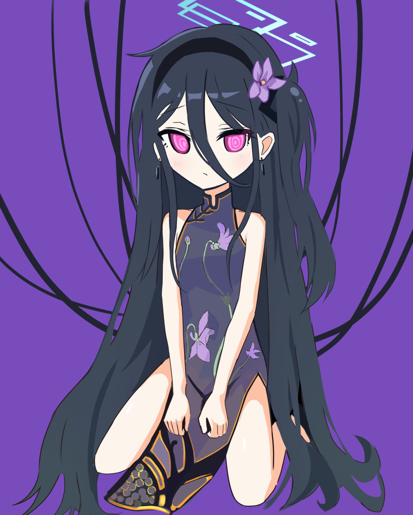 <key>_(blue_archive) absurdres alternate_costume bare_arms bare_legs bare_shoulders black_hair blue_archive china_dress chinese_clothes dress female halo highres long_hair looking_at_viewer pink_eyes solo thighs thomason366