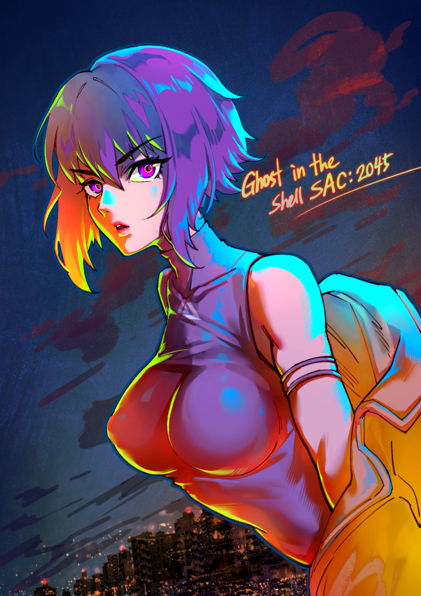 arm_strap bad_id bad_pixiv_id breasts cityscape cloud commentary_request copyright_name dutch_angle english_text eyelashes female foxyreine ghost_in_the_shell ghost_in_the_shell:_sac_2045 high_collar highres jacket kusanagi_motoko leotard lights lipstick looking_at_viewer makeup medium_breasts night night_sky off_shoulder open_mouth parted_lips pink_lips profile purple_eyes purple_hair ringed_eyes short_hair skin_tight sky skyline sleeveless solo sunset text_background upper_body