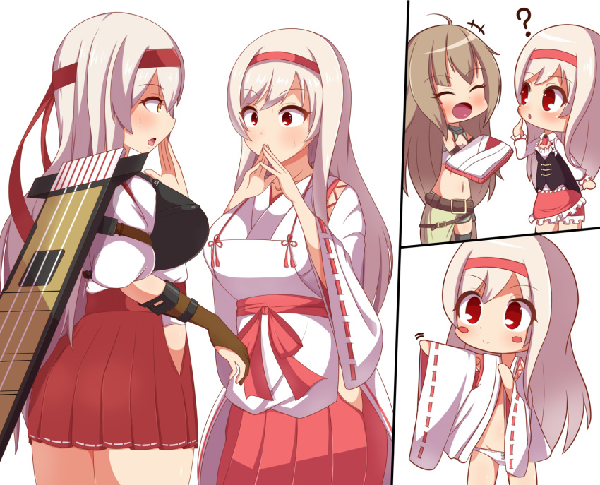 3girls :d :o alternate_costume anna_(sennen_sensou_aigis) bad_id bad_pixiv_id breasts brown_gloves brown_hair closed_eyes commentary_request crossover eye_contact from_side gloves hami_gakko headband highres kantai_collection long_hair look-alike looking_at_another multiple_girls multiple_views open_mouth panties partially_fingerless_gloves profile red_eyes red_headband red_ribbon red_skirt ribbon ribbon-trimmed_sleeves ribbon_trim sennen_sensou_aigis shoukaku_(kancolle) side_slit skirt smile soma_(sennen_sensou_aigis) standing underwear white_hair white_panties yellow_eyes