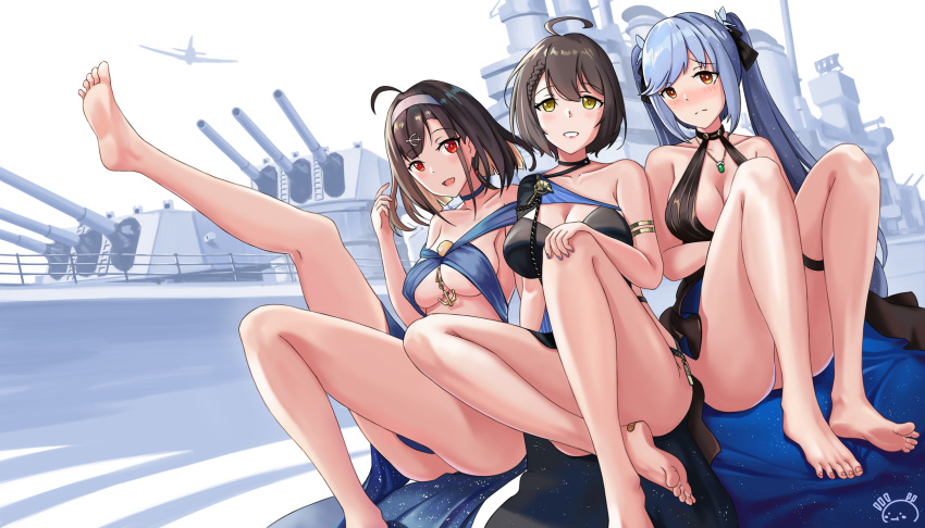 3girls absurdres ahoge azur_lane baltimore_(azur_lane) baltimore_(evening_breeze_minuet)_(azur_lane) bare_legs barefoot black_hair blue_cloak blue_coat blue_hair breasts cloak coat collared_cloak dress essex_(azur_lane) essex_(craft_fairytail)_(azur_lane) feet feet_up formal highres independence_(azur_lane) independence_(the_independent_line)_(azur_lane) leg_up looking_at_viewer meatbun_33 multiple_girls necktie nightgown no_cape orange_eyes red_eyes short_hair sitting soles thighs toes twintails