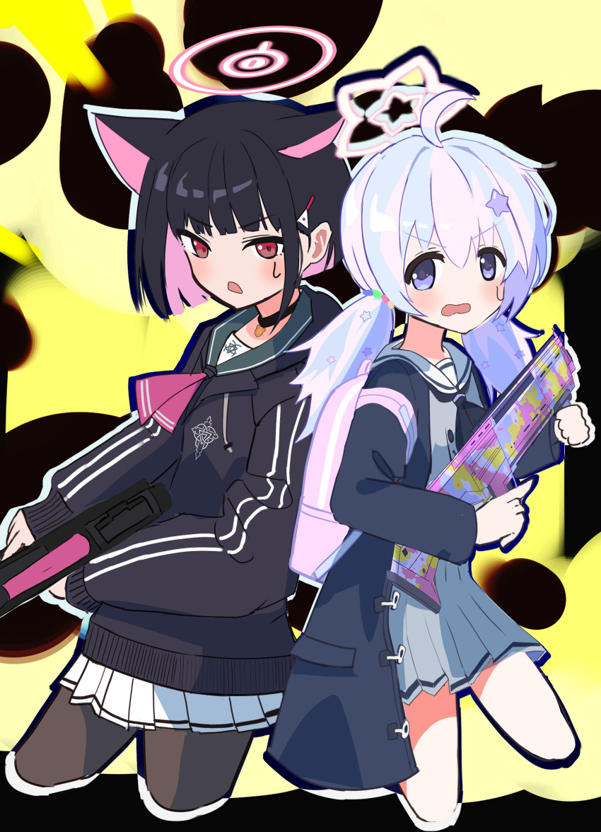 2girls absurdres animal_ears black_hair black_pantyhose blue_archive cat_ears halo highres kazusa_(blue_archive) long_hair looking_at_viewer multicolored_hair multiple_girls pantyhose pink_eyes pink_hair purple_eyes purple_hair reisa_(blue_archive) thighs thomason366 two-tone_hair