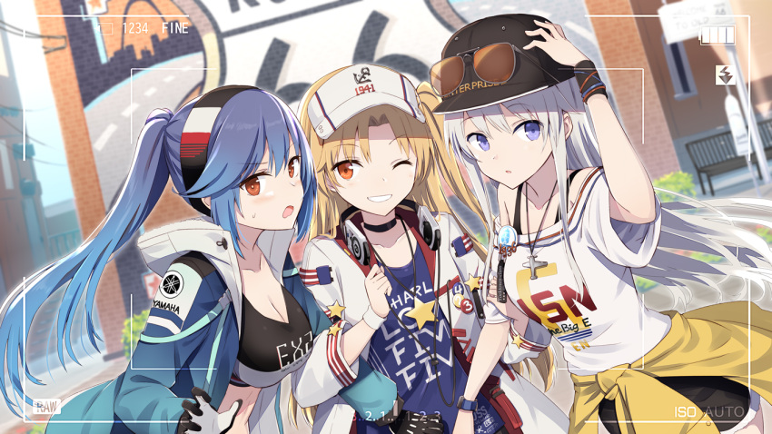 3girls azur_lane bare_shoulders baseball_cap black_choker black_gloves black_hairband black_sports_bra blonde_hair blue_hair blue_jacket blue_shirt blue_sky blush breasts brown-tinted_eyewear choker cleavage cleveland_(azur_lane) cleveland_(road_trip!)_(azur_lane) clothes_around_waist clothes_writing coat collarbone commentary_request cowboy_shot day enterprise_(anniversary_ride)_(azur_lane) enterprise_(azur_lane) essex_(a_trip_down_route_66)_(azur_lane) essex_(azur_lane) eyewear_on_headwear gloves gotyou gradient_jacket grin hair_between_eyes hairband hat headband headphones headphones_around_neck hood hood_down hooded_jacket jacket jacket_around_waist jewelry large_breasts loading_screen locked_arms long_hair long_sleeves looking_at_viewer midriff multicolored_clothes multicolored_jacket multiple_girls necklace off-shoulder_shirt off_shoulder official_alternate_costume official_art one_eye_closed one_side_up open_clothes open_jacket open_mouth outdoors parted_bangs parted_lips ponytail purple_eyes red_eyes route_66 shirt sidelocks sky small_breasts smile sports_bra standing star_(symbol) sunglasses sweat sweatdrop tinted_eyewear two-tone_gloves viewfinder visor_cap white_coat white_gloves white_hair white_headwear white_shirt wristband yamaha