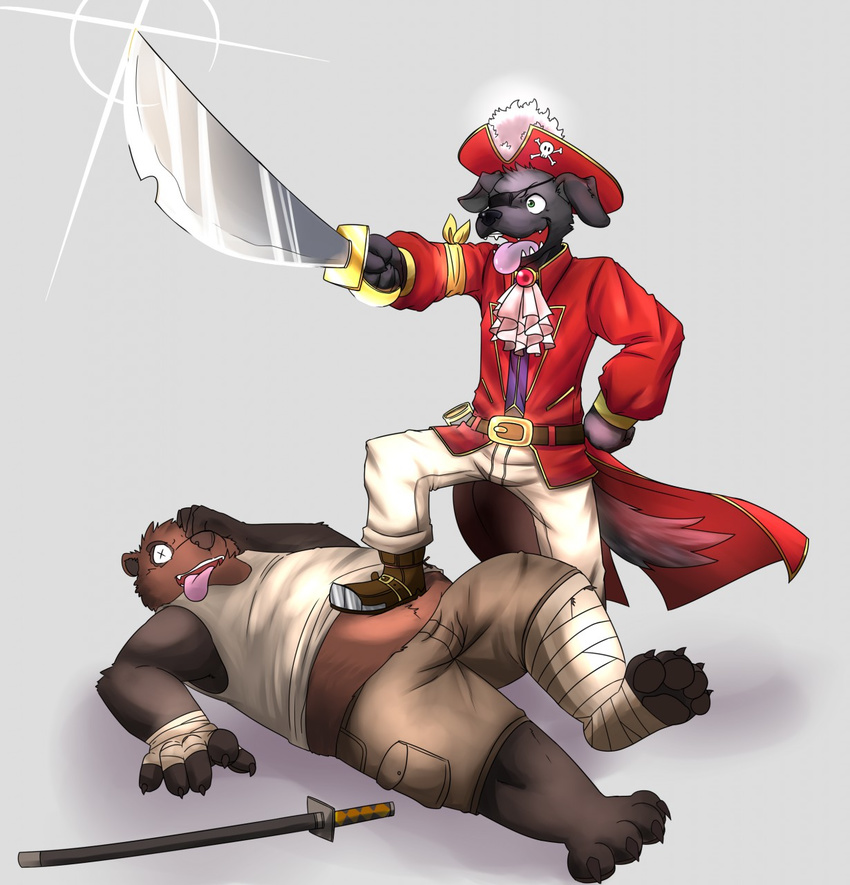 anthro bear bird_dog canid canine canis clothed clothing domestic_dog duo eye_patch eyewear haruto hi_res hunting_dog labrador male mammal melee_weapon penciltips pirate retriever slightly_chubby sword weapon