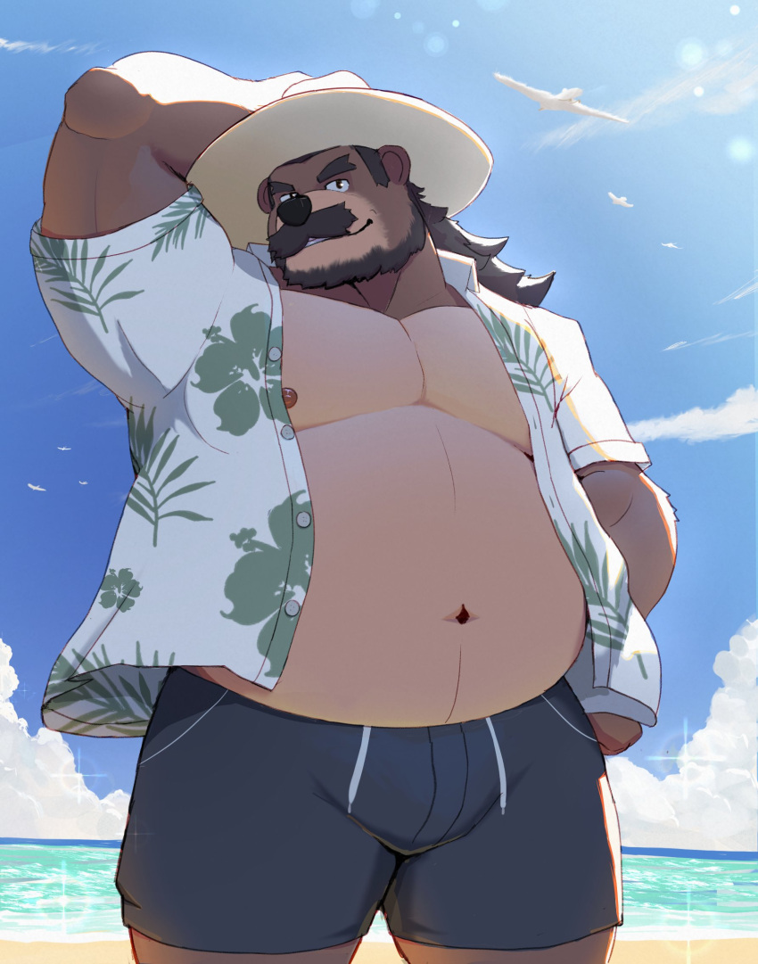 1boy bara bare_pectorals beach bear_boy beard big_belly bulge day facial_hair fat fat_man feet_out_of_frame full_beard hawaiian_shirt highres hughhhh_draws large_pectorals looking_at_viewer male_focus male_swimwear mature_male moustache muscular muscular_male navel navel_hair nipples original pectorals sand shirt short_hair sideburns solo standing stomach swim_trunks thick_eyebrows thick_mustache thick_thighs thighs