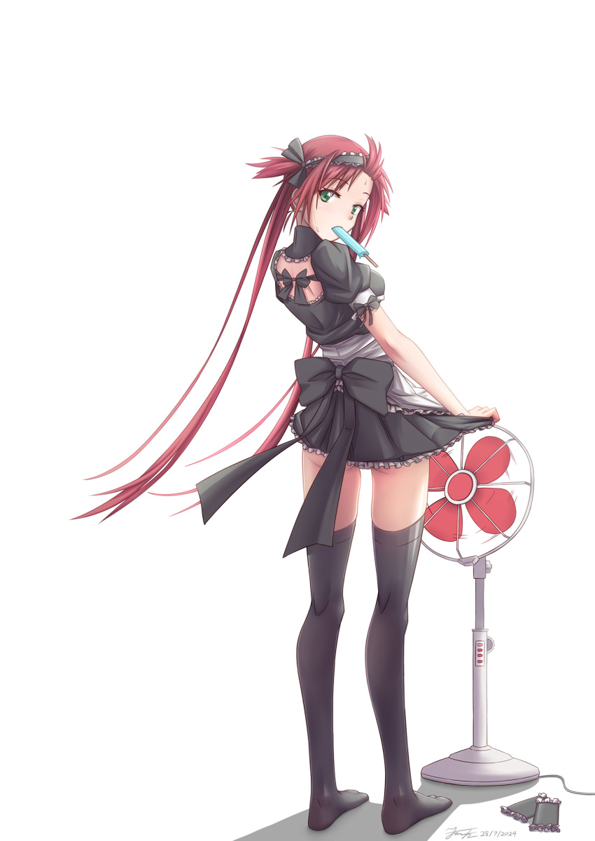 airi_(queen's_blade) airi_(the_infernal_temptress) black_thighhighs blush breasts clothes_lift electric_fan fanning_crotch female food food_in_mouth forehead frills from_behind green_eyes highres hot kkkowy0913 long_hair looking_at_viewer looking_back maid maid_headdress medium_breasts panties popsicle popsicle_in_mouth queen's_blade red_hair ribbon shiny_skin simple_background skirt skirt_lift solo standing sweat thighhighs twintails underwear white_background white_panties