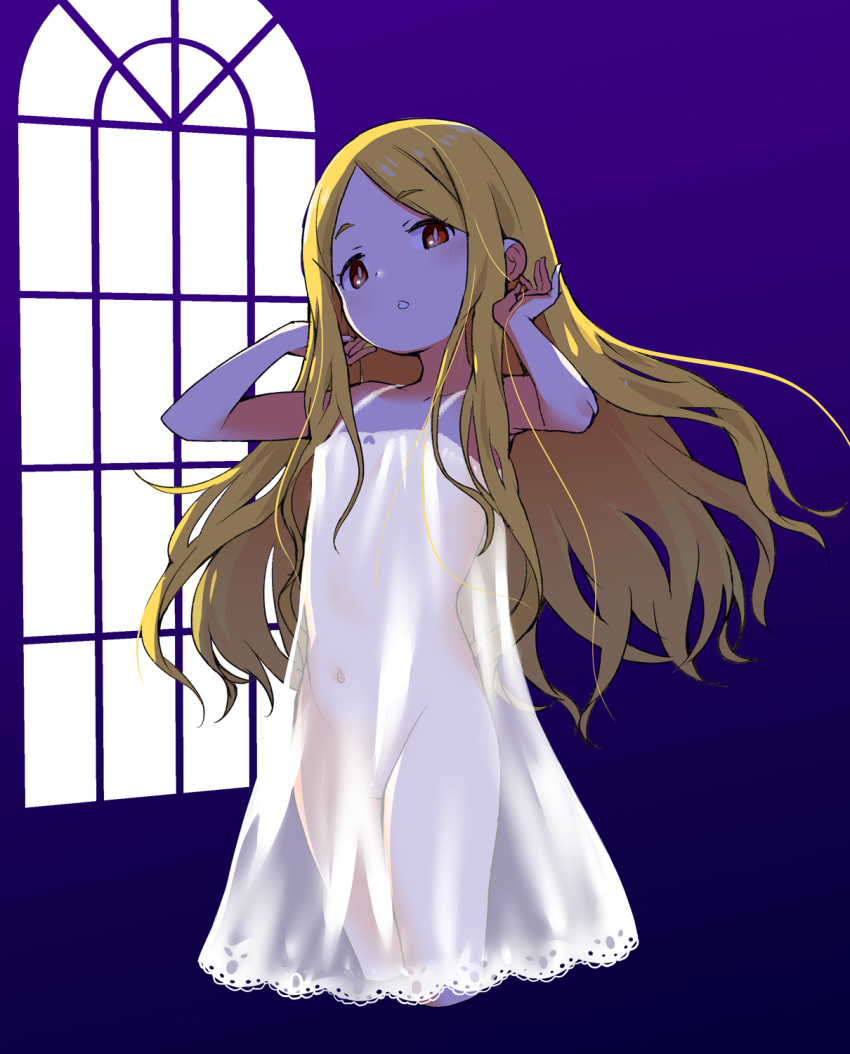 blonde_hair dress female highres idolmaster idolmaster_cinderella_girls idolmaster_cinderella_girls_starlight_stage long_hair mochizuki_hijiri navel no_panties ookamiuo parted_bangs parted_lips red_eyes see-through see-through_dress sleeveless sleeveless_dress solo white_dress