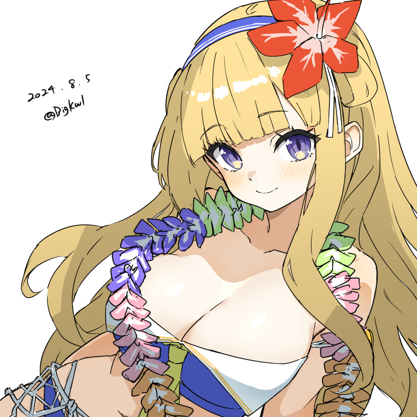 absurdres bigkwl bikini blonde_hair blue_bikini breasts cargo_net cleavage dated double_bun female fletcher_(kancolle) fletcher_mk_ii_(kancolle) fletcher_mk_ii_(swimsuit_mode)_(kancolle) flower flower_armlet flower_necklace hair_bun hair_ornament hairband highres kantai_collection large_breasts long_hair looking_at_viewer sailor_bikini sailor_collar smile solo swimsuit twitter_username upper_body white_background