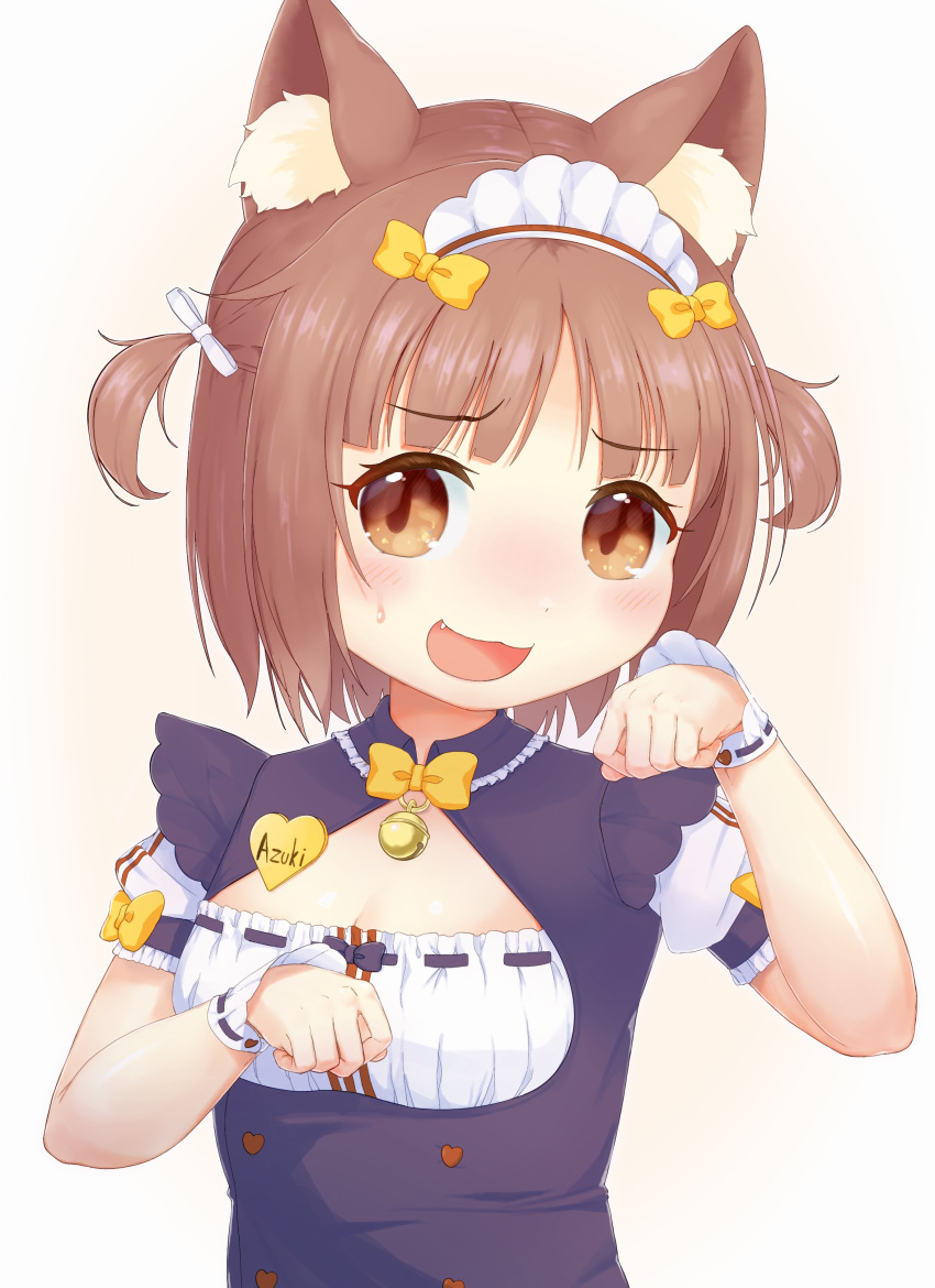 :3 :d absurdres animal_ear_fluff animal_ears azuki_(nekopara) bell bi_neko706 black_shirt blunt_bangs blush bow bowtie breasts brown_eyes brown_hair cat_ears cat_girl character_name cleavage cleavage_cutout clothing_cutout commentary female hairbow hands_up highres jingle_bell looking_at_viewer maid maid_headdress medium_hair name_tag neck_bell nekopara oerba_yun_fang open_mouth orange_bow orange_bowtie paw_pose puffy_short_sleeves puffy_sleeves raised_eyebrows ribbon-trimmed_cuffs shirt short_sleeves shy sleeve_bow slit_pupils small_breasts smile solo tareme white_wrist_cuffs wrist_cuffs