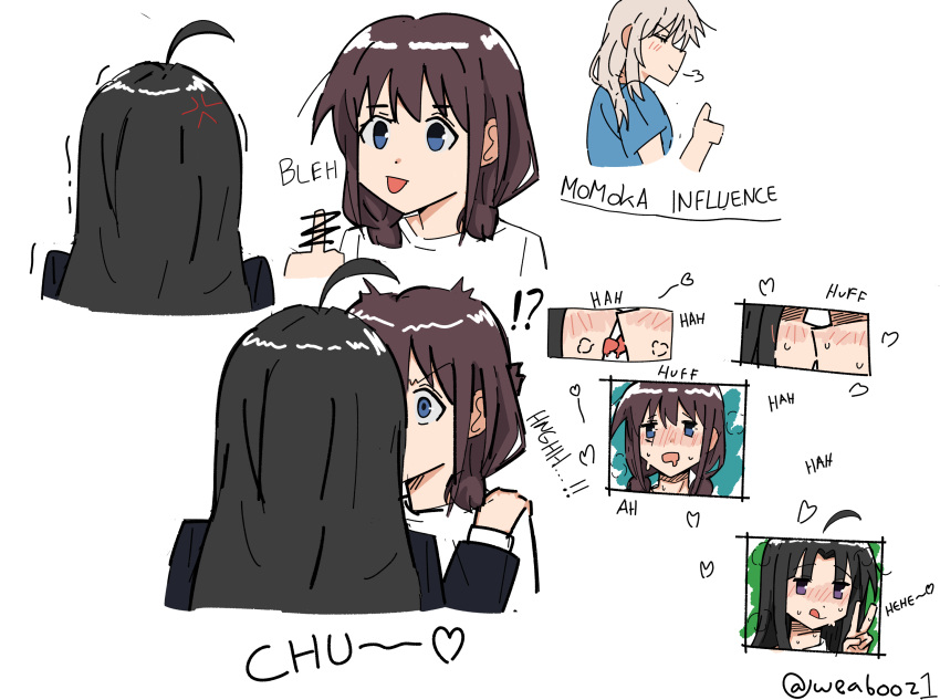 2girls ahoge anger_vein awa_subaru black_background black_jacket blue_eyes blue_shirt brown_hair censored censored_gesture closed_eyes closed_mouth commentary french_kiss girls_band_cry grey_hair hand_on_another's_shoulder highres iseri_nina jacket kawaragi_momoka kissing long_hair long_sleeves middle_finger multiple_girls purple_eyes shirt short_sleeves short_twintails simple_background smile sweat tongue tongue_out twintails twitter_username v weabooz white_background white_shirt yuri