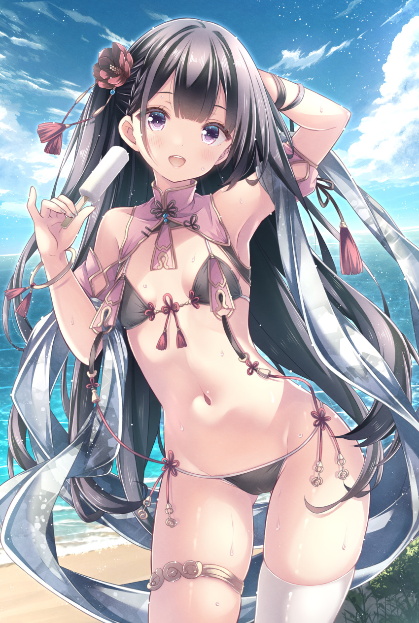 absurdres bikini black_bikini black_hair blue_sky blush breasts cloud commentary_request day female food highres holding holding_food holding_popsicle long_hair looking_at_viewer navel ocean open_mouth original outdoors popsicle purple_eyes ryo_(botugo) side-tie_bikini_bottom single_thighhigh sky small_breasts smile solo swimsuit tassel thigh_strap thighhighs very_long_hair water wet