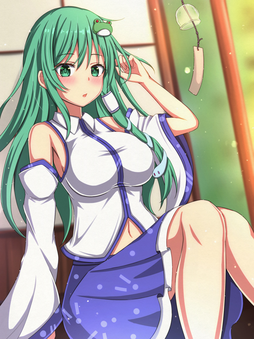 bare_shoulders blue_skirt blurry blurry_background blush breasts collared_shirt commentary cowboy_shot day detached_sleeves eyes_visible_through_hair female frilled_skirt frills frog_hair_ornament green_eyes green_hair hair_ornament hand_in_own_hair hand_up highres kochiya_sanae large_breasts light_particles long_hair long_sleeves looking_at_viewer making-of_available navel parted_lips rimasu71 shirt sitting skirt sleeveless sleeveless_shirt snake_hair_ornament solo touhou white_shirt white_sleeves wide_sleeves