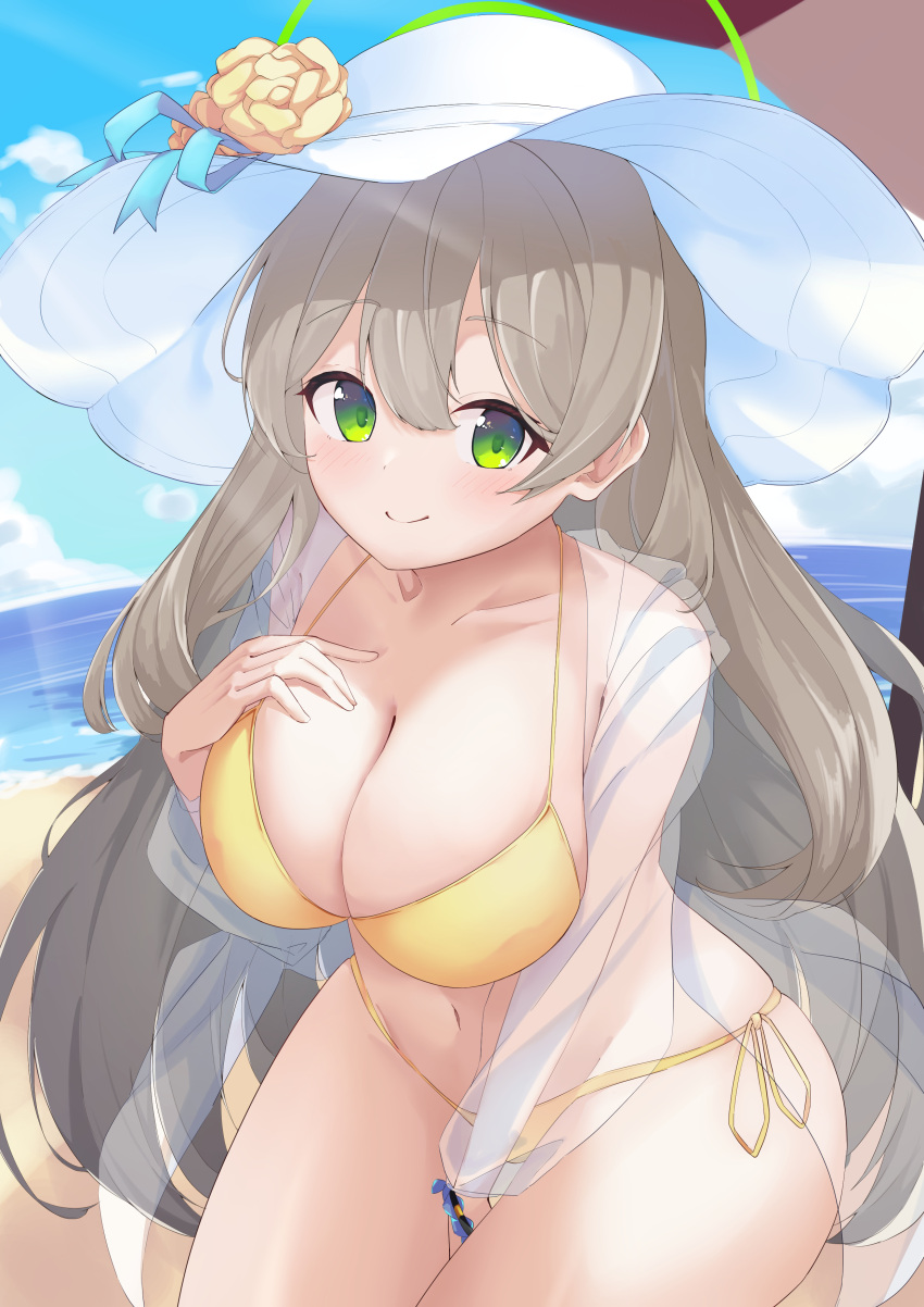 absurdres beach bikini blue_archive blush breasts cleavage closed_mouth collarbone cowboy_shot day female green_eyes green_halo hair_between_eyes halo hat highres jacket large_breasts light_brown_hair long_hair long_sleeves looking_at_viewer nonomi_(blue_archive) nonomi_(swimsuit)_(blue_archive) ocean official_alternate_costume open_clothes open_jacket osmium-76 outdoors revision see-through see-through_jacket see-through_sleeves smile solo swimsuit white_hat yellow_bikini