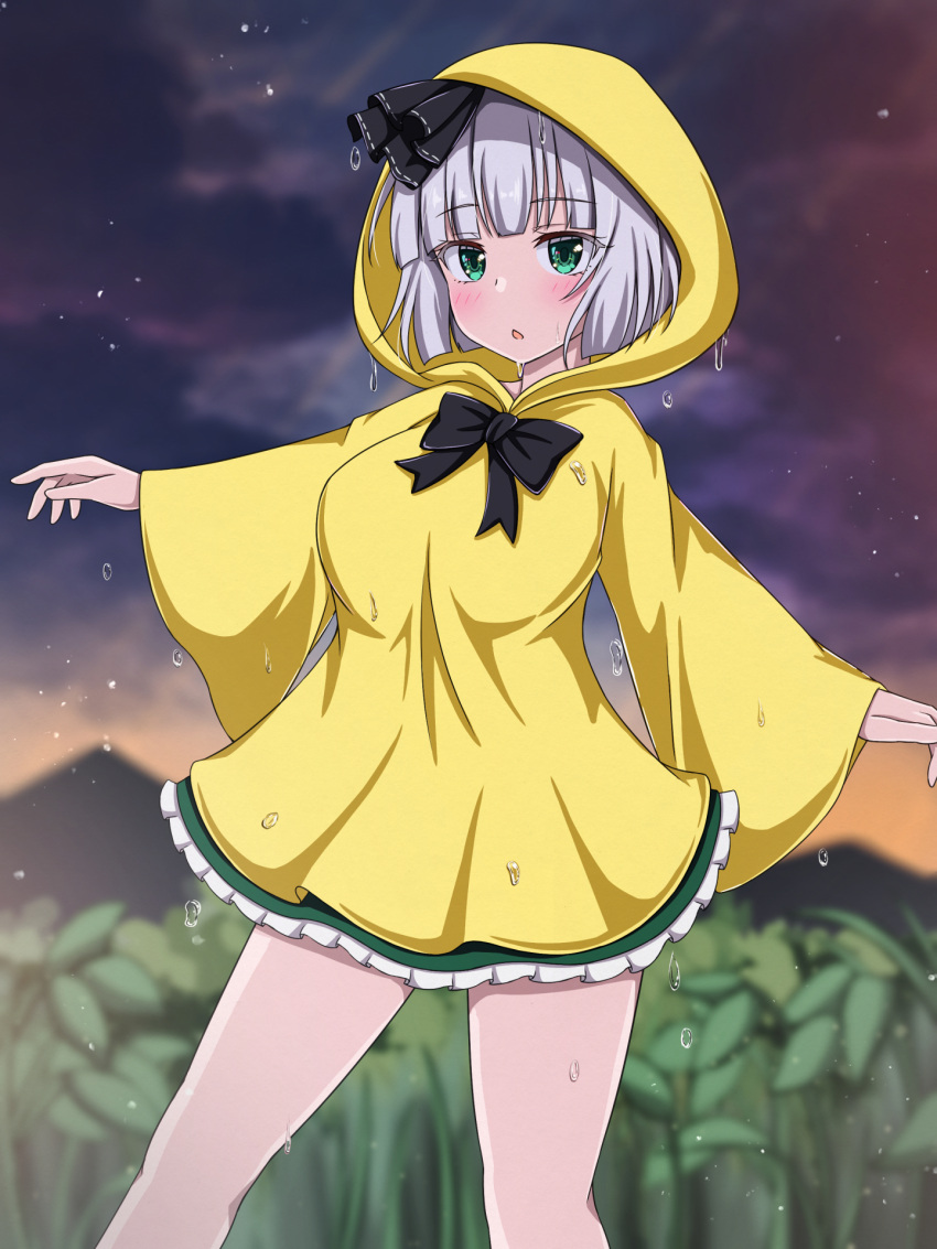 alternate_costume black_bow black_bowtie black_ribbon blunt_bangs blunt_ends blurry blurry_background blush bob_cut bow bowtie commentary cowboy_shot eyes_visible_through_hair female frilled_skirt frills green_eyes green_skirt grey_hair hair_ribbon highres hood hood_up konpaku_youmu long_sleeves looking_at_viewer miniskirt outdoors parted_lips rain raincoat ribbon ribbon_trim rimasu71 short_hair skirt solo split_mouth standing touhou water wet wet_face wide_sleeves yellow_raincoat