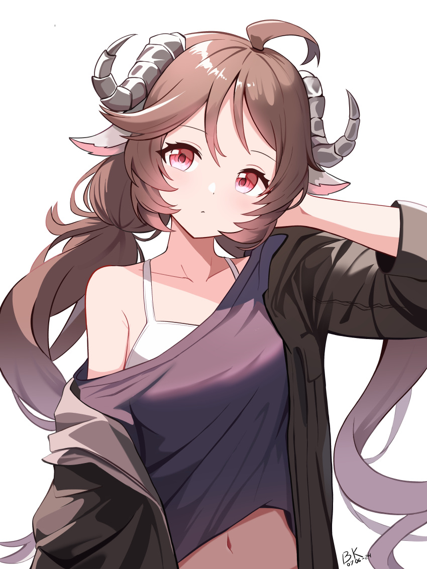 absurdres ahoge alternate_costume animal_ears arknights arm_up black_jacket black_shirt blue_komett blush brown_hair casual closed_mouth english_commentary eyjafjalla_(arknights) female highres horns jacket long_hair looking_at_viewer low_twintails midriff_peek navel pink_eyes sheep_ears sheep_girl sheep_horns shirt signature simple_background single_off_shoulder solo twintails upper_body white_background