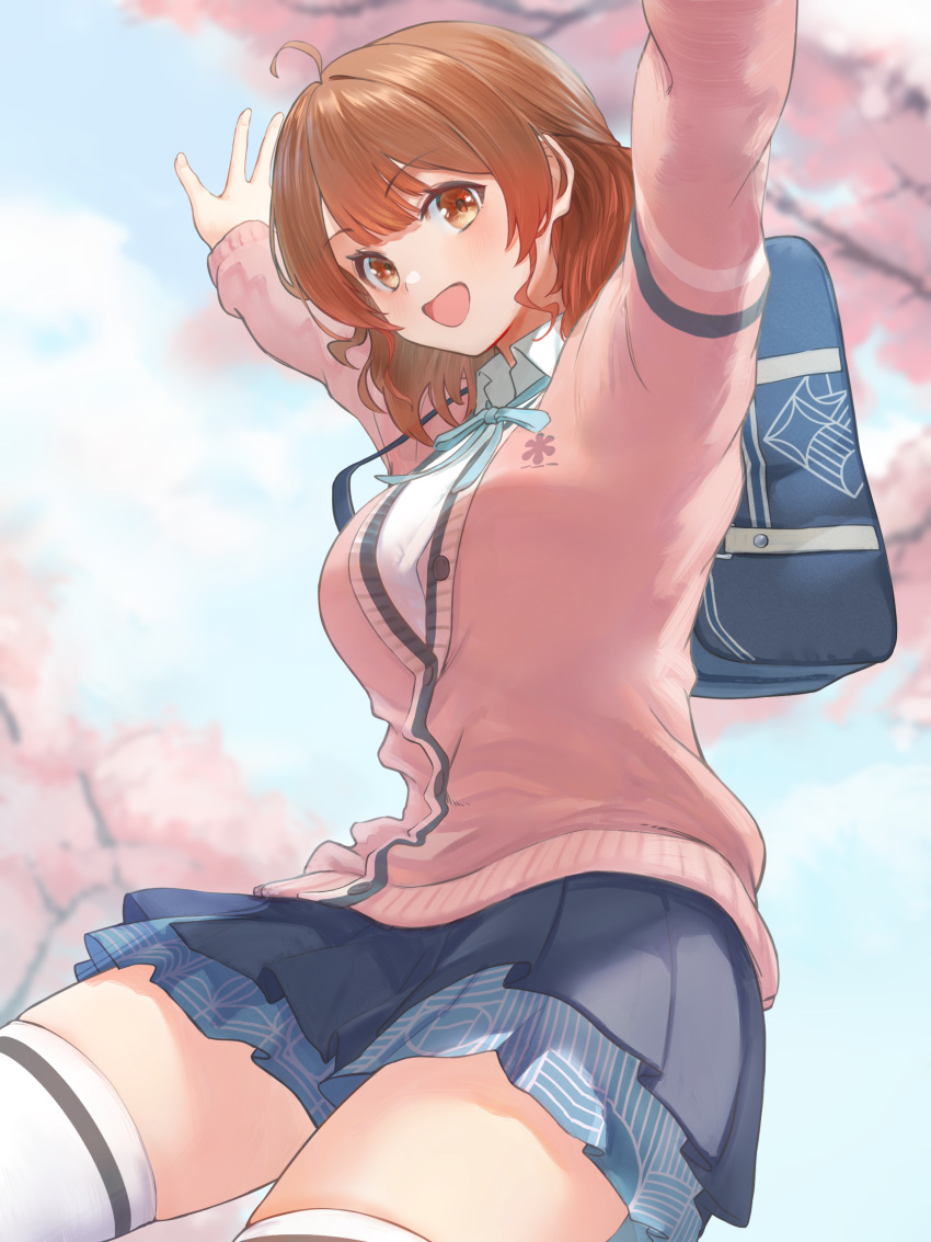 absurdres aqua_ribbon arms_up bag black_overskirt blue_skirt breasts brown_hair cardigan female gakuen_idolmaster hanami_ume hatsuboshi_gakuen_school_uniform highres idolmaster long_sleeves marulire medium_breasts neck_ribbon outdoors outstretched_arms pink_cardigan pleated_skirt ribbon school_bag school_uniform skirt solo thighhighs white_thighhighs zettai_ryouiki