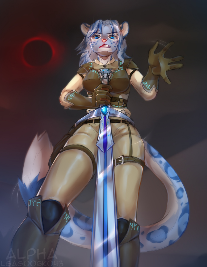 2024 angry anthro armor belt belt_pouch black_sun blue_body blue_eyes blue_fur blue_hair blue_markings blue_spots blurred_background boots bottomwear breasts clothed clothing daedric_runes digital_drawing_(artwork) digital_media_(artwork) felid female footwear fur gem gloves grey_body grey_fur grey_hair hair hand_on_sword handwear hi_res holding_melee_weapon holding_object holding_weapon inner_ear_fluff khajiit leather leather_armor leather_boots leather_clothing leather_footwear leather_gloves leather_handwear leather_strap leather_topwear leather_vest lgag006k043_(artist) looking_at_viewer m'ria_(maks_hunt) magic_clothing magic_runes mammal markings melee_weapon microsoft pantherine pants pauldron runes runic shirt snow_leopard solo spots spotted_body spotted_fur standing straps sword tail the_elder_scrolls tight_bottomwear tight_clothing tight_pants topwear tuft vest weapon white_body white_fur