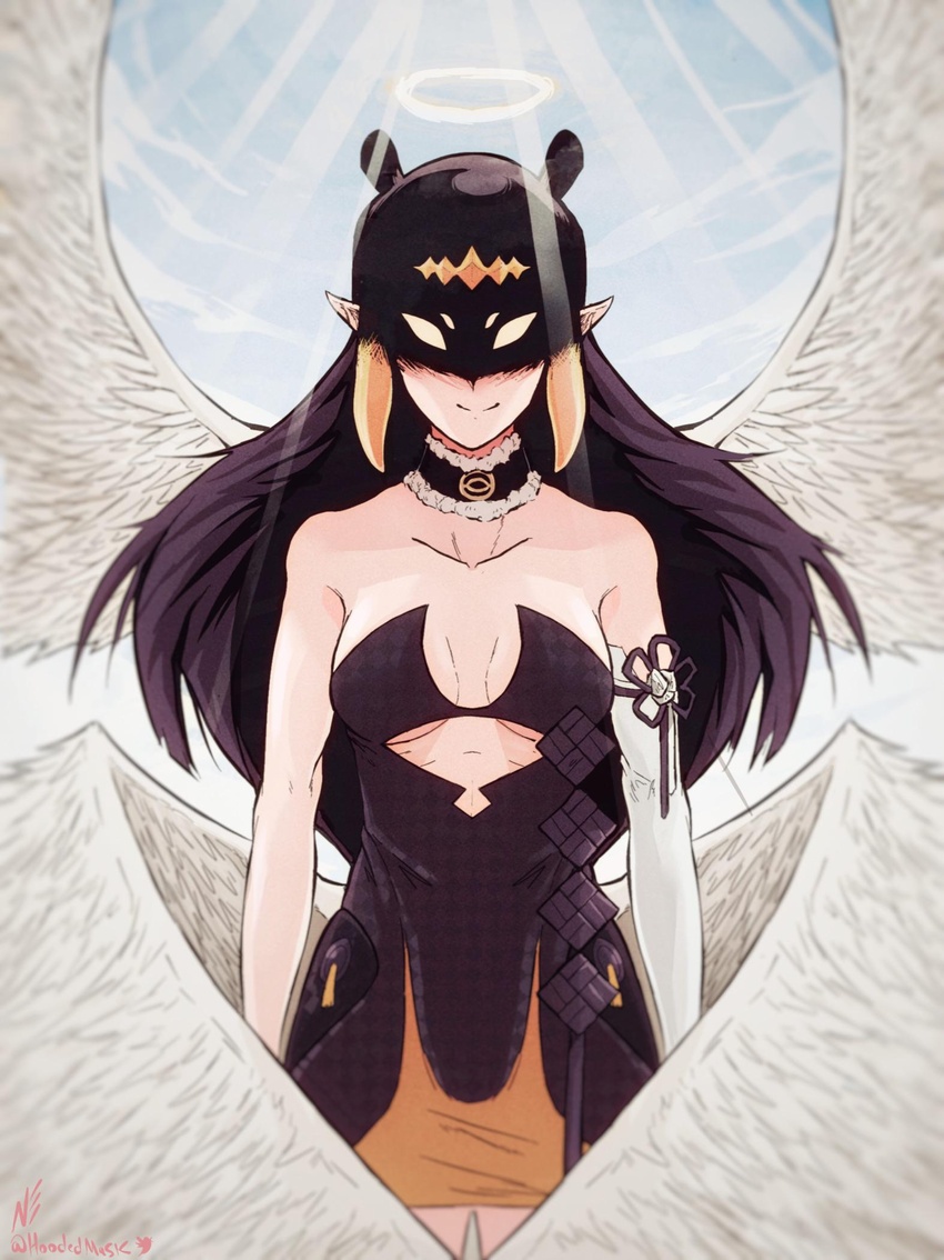 alternate_breast_size breasts cleavage clothing_cutout collar commentary cowboy_shot detached_sleeves dress feathered_wings female glowing glowing_eyes halo highres hololive hololive_english hoodedmask light low_wings medium_breasts multicolored_hair multiple_wings ninomae_ina'nis ninomae_ina'nis_(1st_costume) orange_hair pointy_ears purple_hair shaded_face short_dress signature single_detached_sleeve smile strapless strapless_dress tentacle_hair tube_dress two-tone_hair underboob_cutout virtual_youtuber wings