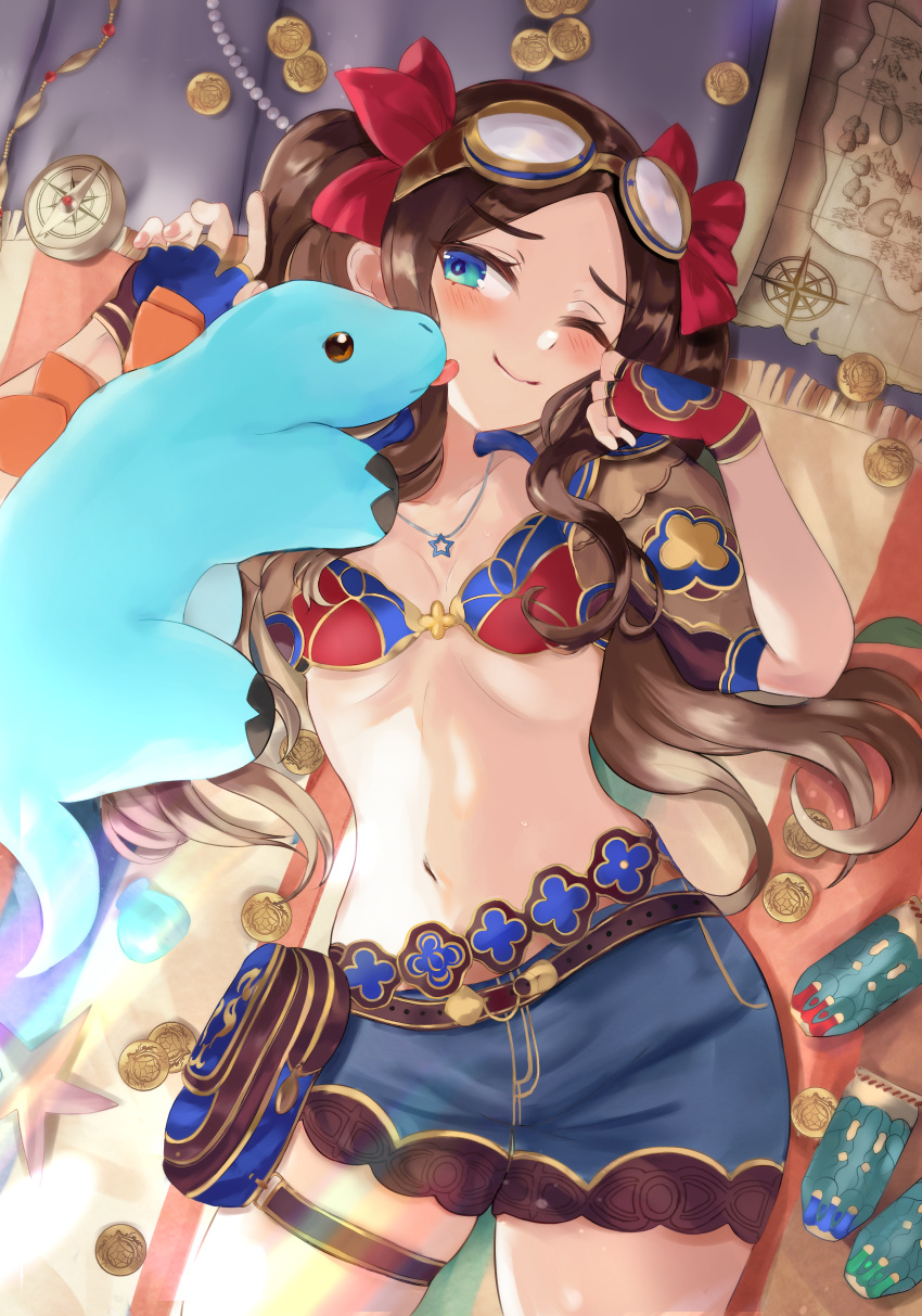 absurdres bikini bikini_top_only blue_eyes blue_shorts blush breasts brown_gloves brown_hair collarbone fate/grand_order fate_(series) female fingerless_gloves forehead gloves goggles hair_ribbon highres jewelry klash leonardo_da_vinci_(fate) leonardo_da_vinci_(rider)_(fate) leonardo_da_vinci_(swimsuit_ruler)_(fate) long_hair navel necklace parted_bangs puffy_short_sleeves puffy_sleeves red_bikini red_ribbon ribbon short_shorts short_sleeves shorts shrug_(clothing) sidelocks small_breasts smile ste-kun_(fate) stegosaurus swimsuit thighs twintails