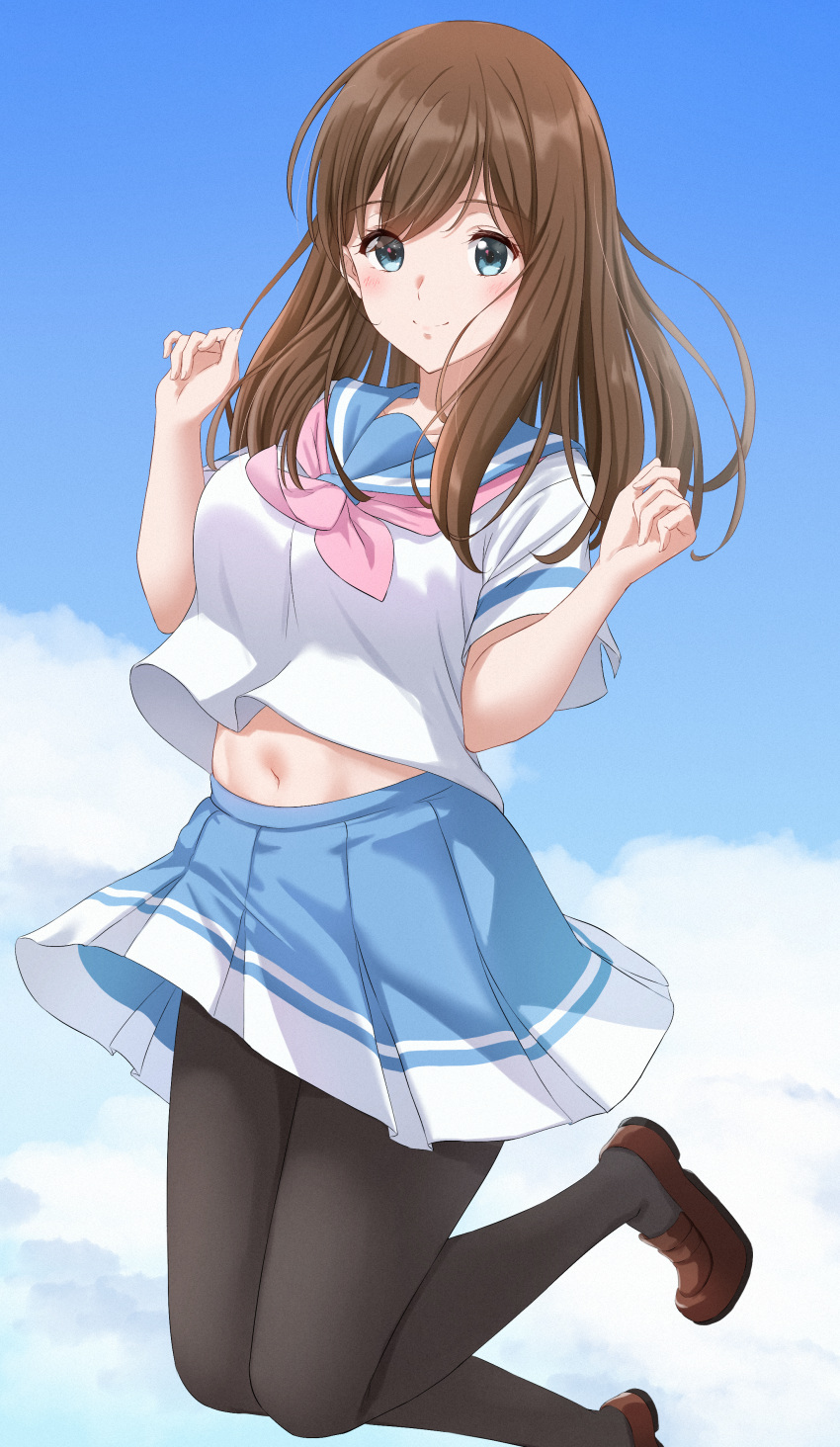 absurdres black_pantyhose blue_skirt brown_footwear brown_hair cloud day female green_eyes hibike!_euphonium highres jumping kitauji_high_school_uniform kuroe_mayu long_hair looking_at_viewer midriff_peek navel neckerchief outdoors pantyhose pink_neckerchief school_uniform serafuku short_sleeves skirt smile solo tomioka_(r2czw) v_arms