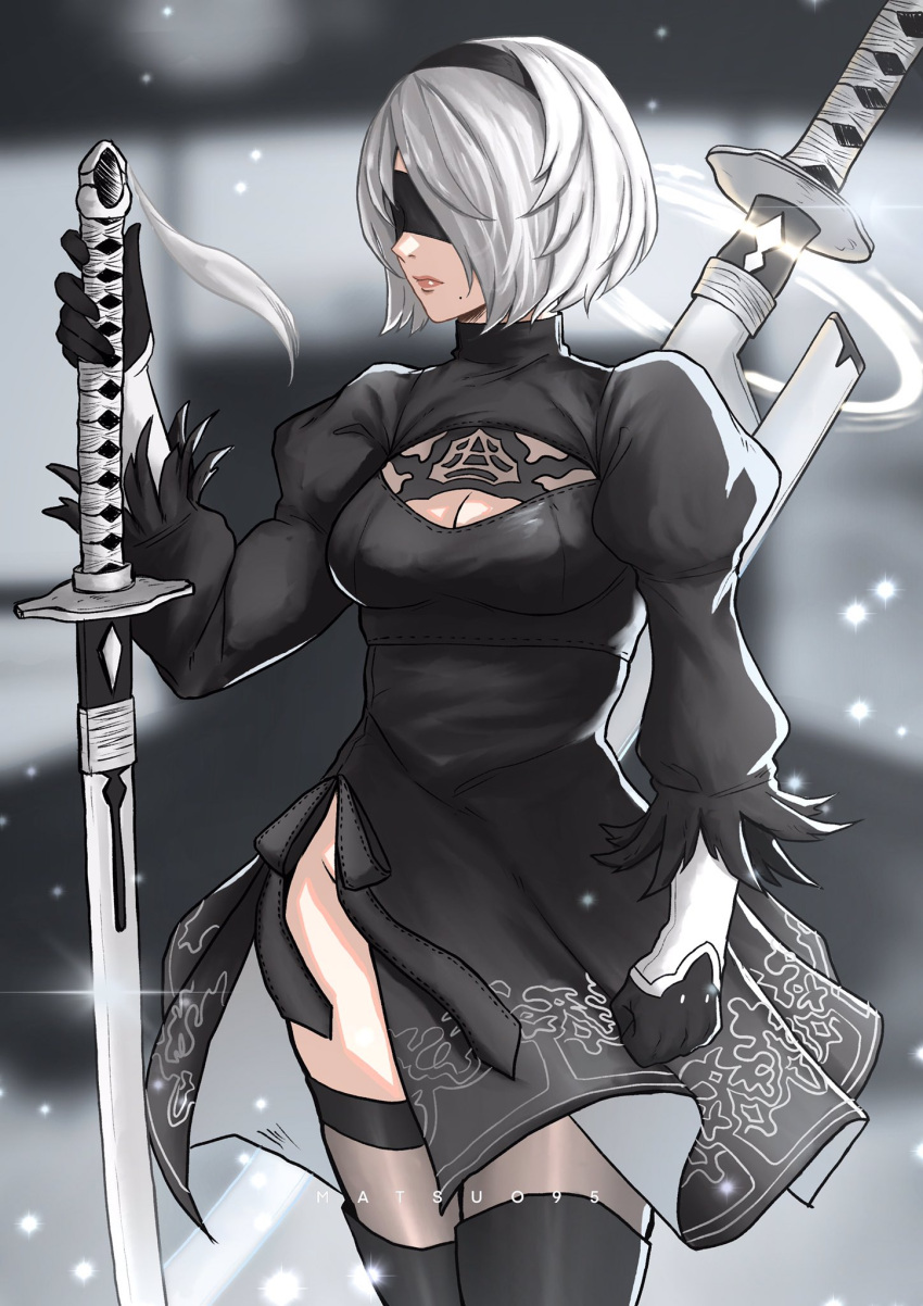 2b_(nier:automata) artist_name black_blindfold black_dress black_gloves black_hairband black_thighhighs blindfold blurry blurry_background bob_cut breasts cleavage cleavage_cutout closed_mouth clothing_cutout dress female gloves hairband highres ikhwan_maulana juliet_sleeves katana lips long_sleeves medium_breasts mole mole_under_mouth nier:automata nier_(series) planted planted_sword puffy_sleeves short_hair side_slit snow solo sword sword_on_back thighhighs weapon weapon_on_back white_hair