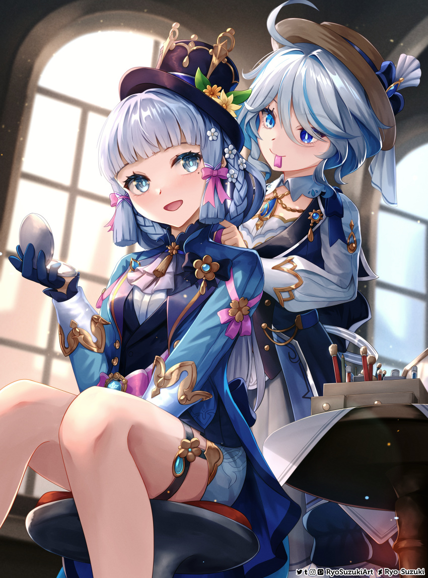 2girls absurdres ahoge armor ascot blue_dress blue_eyes blue_hair blue_jacket blunt_bangs blush butterfly_hair_ornament cosplay costume_switch dress flower furina_(genshin_impact) furina_(genshin_impact)_(cosplay) genshin_impact gloves hair_between_eyes hair_flower hair_ornament hair_ribbon hat heterochromia highres jacket kamisato_ayaka kamisato_ayaka_(cosplay) kamisato_ayaka_(springbloom_missive) light_blue_hair long_hair long_sleeves mole mole_under_eye multicolored_hair multiple_girls official_alternate_costume ponytail puffy_long_sleeves puffy_sleeves ribbon ryo-suzuki sidelocks smile top_hat