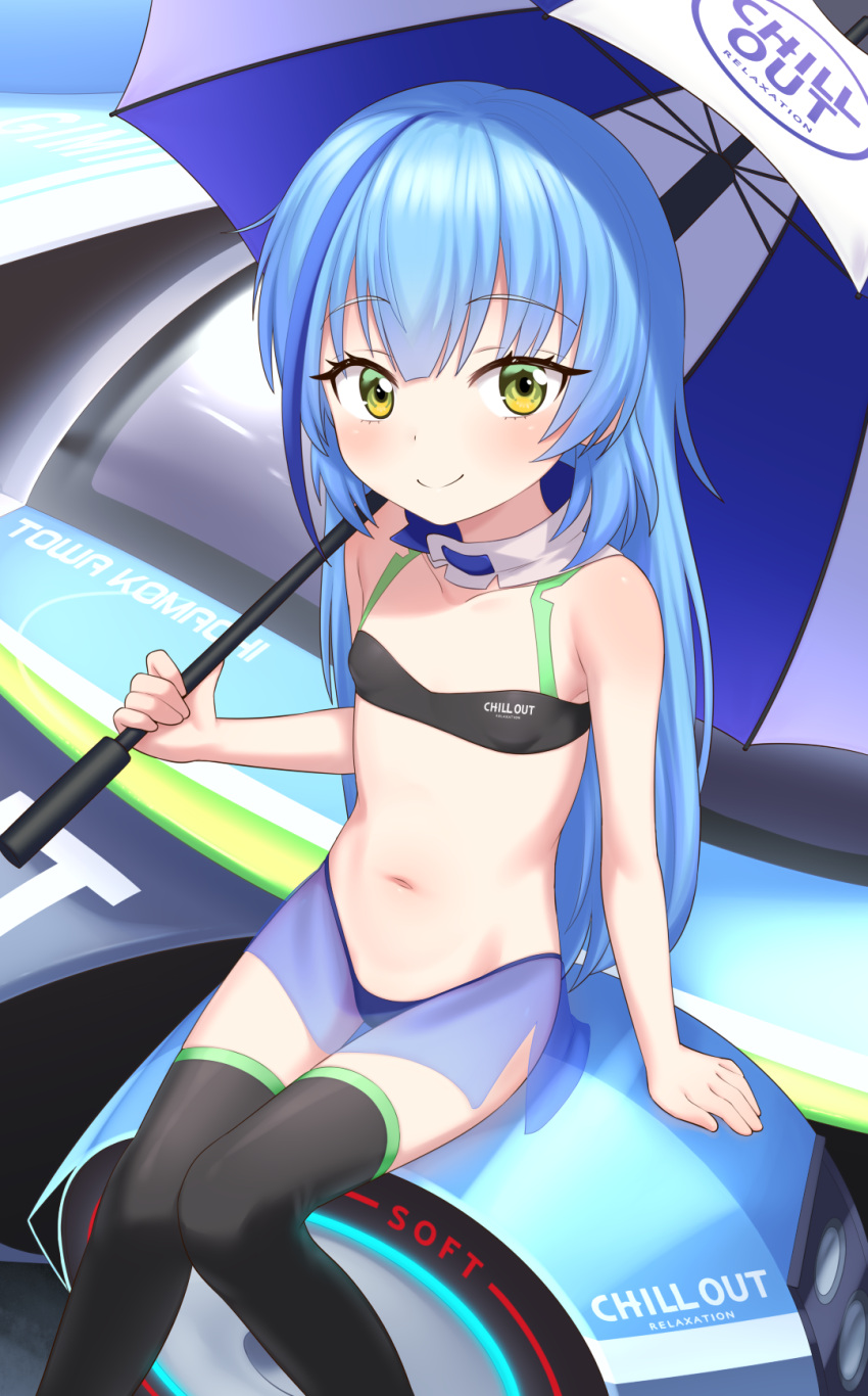 bikini black_bikini black_thighhighs blue_hair blue_umbrella blush breasts character_name closed_mouth english_text female green_eyes highres highspeed_etoile holding holding_umbrella komachi_towa long_hair looking_at_viewer motor_vehicle multicolored_hair on_vehicle outdoors race_queen shino_(shinokani) sitting small_breasts smile solo streaked_hair swimsuit thighhighs umbrella underwear white_umbrella