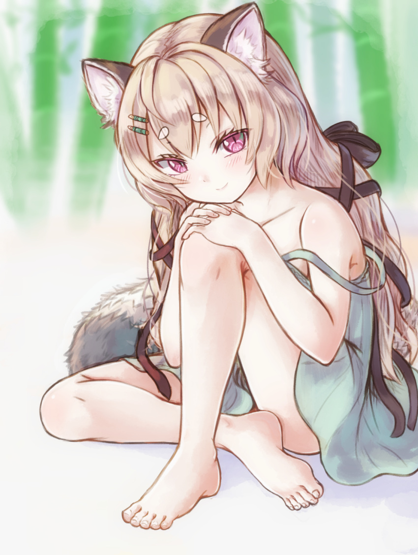 animal_ear_fluff animal_ears bamboo bamboo_forest bamboo_hair_ornament bare_arms bare_legs bare_shoulders barefoot blue_dress blurry blurry_background blush brown_hair closed_mouth commentary_request depth_of_field dress female forest hair_ornament hands_on_own_knee highres hikari_niji komachi_panko long_hair looking_at_viewer nature own_hands_together phase_connect purple_eyes short_eyebrows sleeveless sleeveless_dress smile solo strap_slip tail thick_eyebrows very_long_hair virtual_youtuber