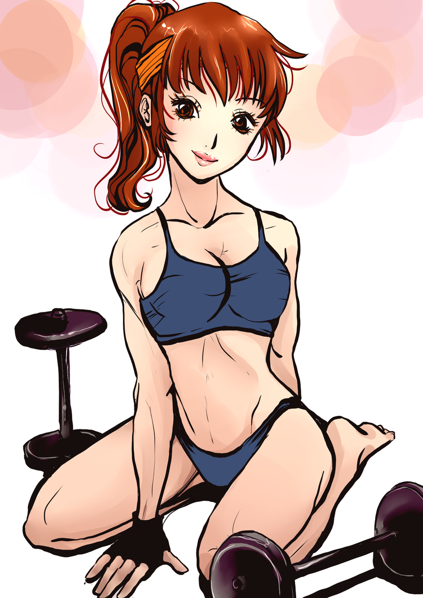 barbell barefoot breasts brown_eyes brown_hair cleavage commentary_request daimon_akiko female fingerless_gloves gloves headband highres lips looking_at_viewer nekochuni ponytail seiza sitting smile solo sports_bra taisen_hot_gimmick taisen_hot_gimmick_4ever toned weights