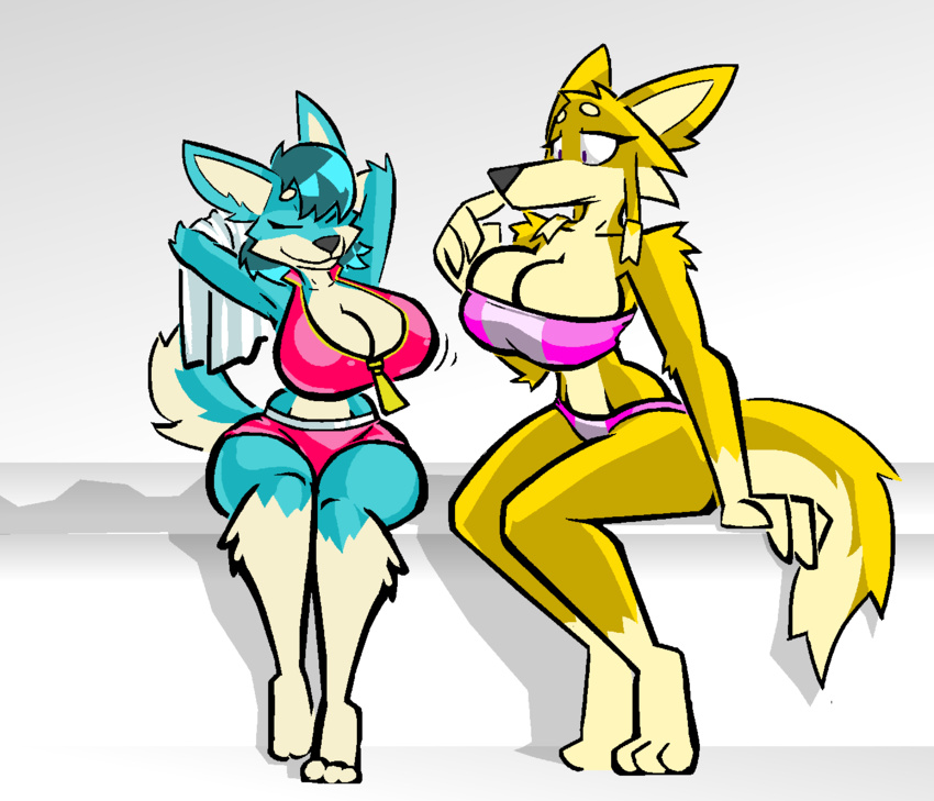 anthro aygee bandeau_bikini bikini bikini_shorts breasts canid canine canis cleavage clothed clothing colored_edge_bikini domestic_dog duo female hi_res husky kammy_(aygee) locker_room mammal midriff nordic_sled_dog pink_bikini pink_clothing pink_swimwear spitz swimwear towel xusky_(aygee) zipper zipper_bikini zipper_down zipper_pull_tab zipper_topwear