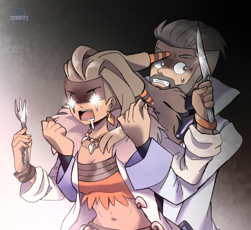 +_+ 1boy artist_name beard bracelet breasts cleavage commentary crop_top drooling earrings facial_hair female fork fur_trim glint gradient_background hair_slicked_back holding holding_fork holding_knife hungry husband_and_wife jewelry knife lab_coat large_breasts long_hair looking_to_the_side navel necklace pokemon pokemon_sv pulling_back sada_(pokemon) saliva scruffyart sweatdrop tan turo_(pokemon) wristband