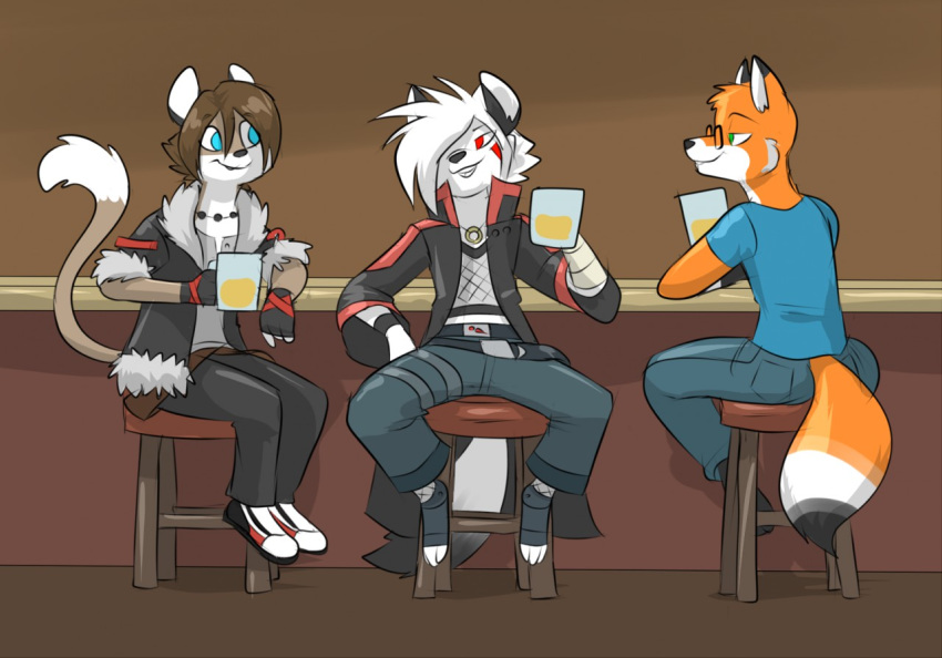 alcohol anthro bar bar_stool beer beer_mug beverage biped black_bottomwear black_clothing black_coat black_ears black_gloves black_handwear black_jacket black_pants black_topwear blue_bottomwear blue_clothing blue_eyes blue_shirt blue_topwear bottomwear brown_body brown_fur brown_hair brown_nose brown_tail canid canine canis clothed clothing coat container cup denim denim_bottomwear denim_clothing digital_drawing_(artwork) digital_media_(artwork) dipstick_ears dipstick_tail domestic_cat ear_markings eyewear felid feline felis fingerless_gloves footwear fox fully_clothed fur furniture glasses gloves green_eyes group hair handwear holding_glass holding_object jacket jeans jewelry male mammal markings metal_(artist) mike_arctic multicolored_body multicolored_clothing multicolored_ears multicolored_footwear multicolored_fur multicolored_shoes multicolored_tail multicolored_topwear necklace open_clothing open_coat open_jacket open_topwear orange_body orange_ears orange_fur orange_hair orange_tail pants pockets raphial_(character) red_eyes shirt shoes sitting smile snout stool t-shirt tail tail_markings topwear two_tone_body two_tone_clothing two_tone_ears two_tone_fur two_tone_jacket two_tone_tail two_tone_topwear white_body white_clothing white_footwear white_fur white_hair white_shoes white_tail wolf yuri_catslash