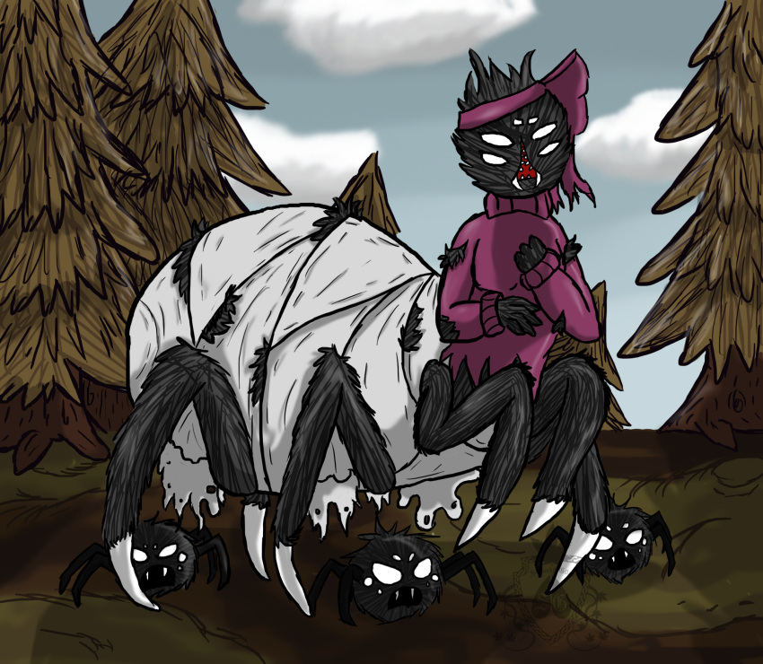 2015 4_fingers 4_legs 6_eyes 8_legs accessory ambiguous_gender anthro arachnid arthropod arthropod_abdomen black_body black_fur bow_ribbon breasts claws clothing cloud colored dirt disastergoat don't_starve evergreen_tree fan_character fangs female feral fingers fluffy forest forest_background fur group hair_accessory hair_ribbon hairbow hand_on_own_chest hi_res klei_entertainment leg_markings looking_at_viewer markings multi_eye multi_limb nature nature_background no_pupils pine_tree plant purple_clothing purple_hair_bow purple_sweater purple_topwear queen raised_leg ribbons royalty shaded shadow sharp_teeth sky socks_(marking) spider spider_web standing sweater teeth topwear torn_clothing torn_sweater tree underneath underneath_another vertical_mouth white_markings