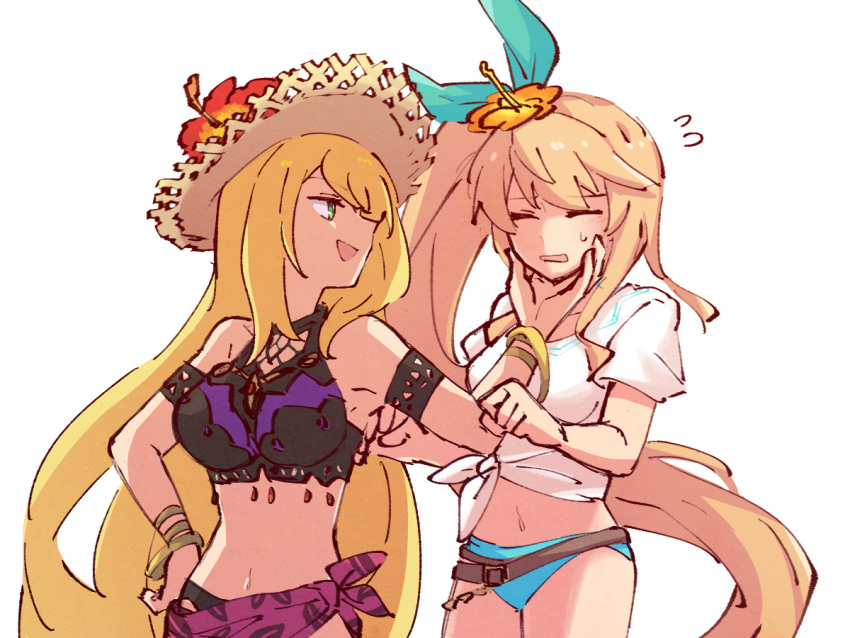 2girls alonemistrist bare_shoulders bikini blonde_hair blue_bow bow bracelet breasts brown_hat chelle_(dragalia_lost) dragalia_lost elisanne flower flying_sweatdrops green_eyes hair_flower hair_ornament hairbow hand_on_another's_cheek hand_on_another's_face hat hat_flower jewelry large_breasts long_hair multiple_girls navel official_alternate_costume open_mouth shirt short_sleeves side_ponytail sun_hat swimsuit tied_shirt very_long_hair white_background white_shirt