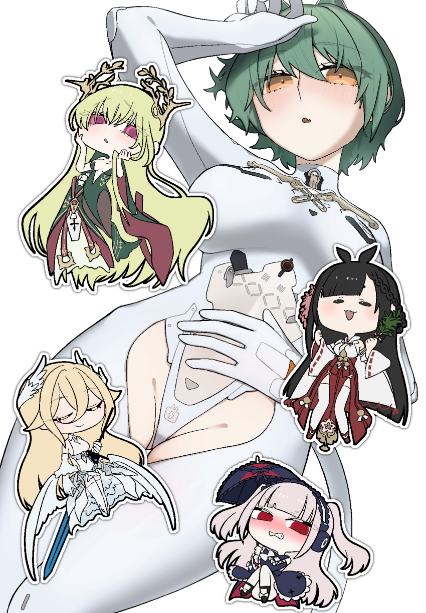 5girls @_@ admiral_nakhimov_(azur_lane) animal_ears ass_visible_through_thighs azur_lane bayard_(azur_lane) black_hair blonde_hair blush bodysuit chibi daisen_(azur_lane) frilled_hairband frills gothic_lolita green_hair groin hairband halford_(azur_lane) highres holding holding_umbrella horse_ears horse_girl japanese_clothes lolita_fashion long_hair looking_at_viewer mitsubasizu multiple_girls napoli_(azur_lane) nontraditional_miko oerba_yun_fang orange_eyes parasol red_eyes short_hair simple_background skin_fang two_side_up umbrella very_long_hair white_background white_bodysuit white_hair