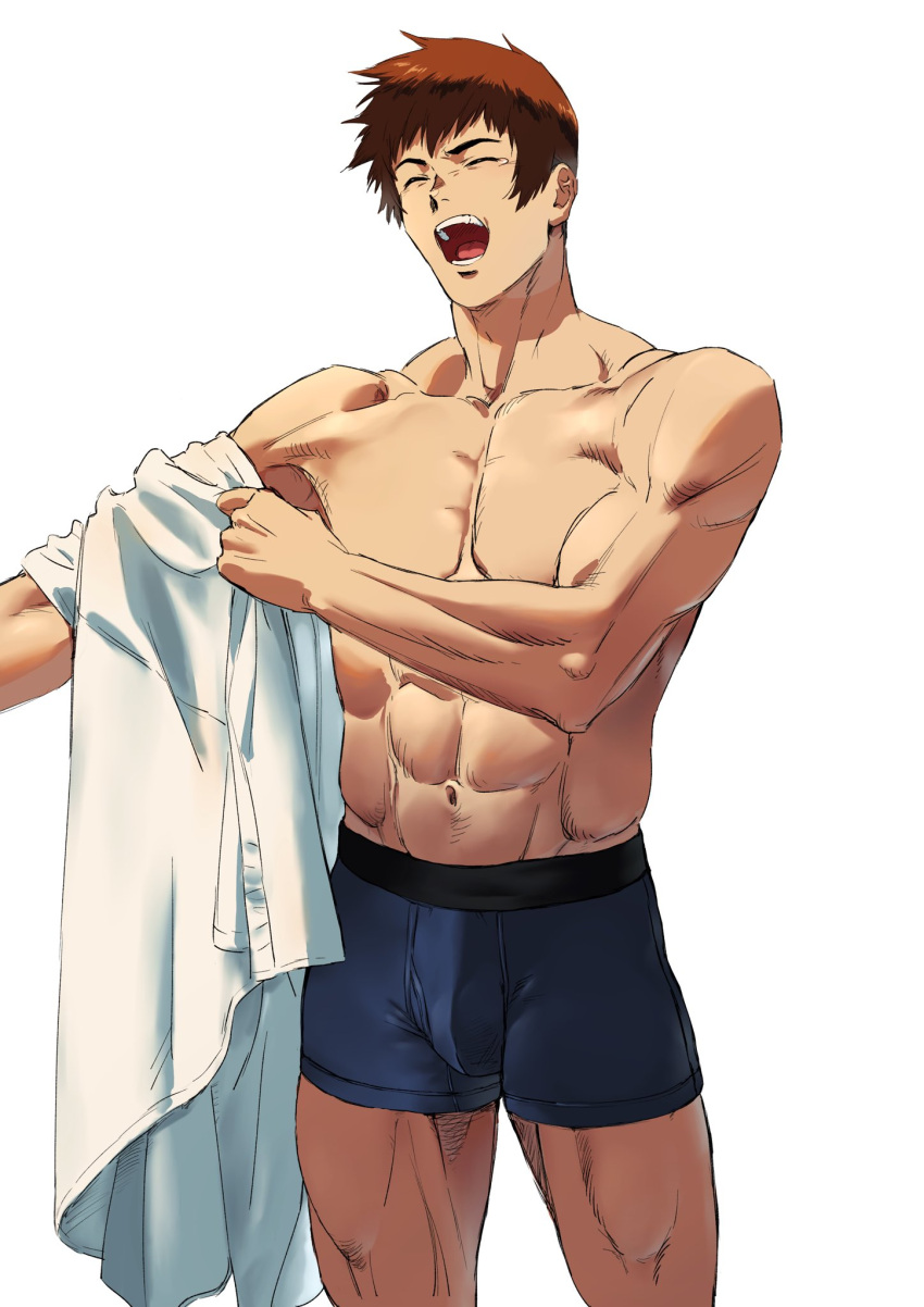 1boy abs arm_across_chest arm_out_of_frame bare_shoulders beniazumaru blue_male_underwear boxer_briefs brown_hair bulge closed_eyes collarbone commentary groin highres male_focus male_underwear muscular muscular_male open_mouth pectorals shirt shirt_partially_removed simple_background single_tear solo the_king_of_fighters tongue underwear white_background white_shirt yabuki_shingo yawning