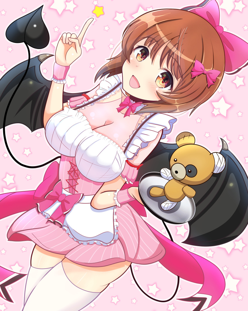 apron blush boko_(girls_und_panzer) bow bowtie breasts brown_eyes brown_hair cleavage cosplay demon_girl demon_tail demon_wings female girls_und_panzer hairbow highres kumaisao large_breasts looking_at_viewer maid_apron nishizumi_miho open_mouth pink_bow pink_bowtie short_hair simple_background smile solo starry_background stuffed_toy tail thighhighs waitress white_thighhighs wings