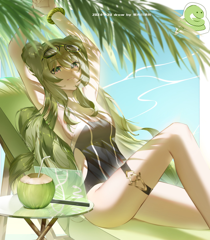 absurdres beach_chair black_one-piece_swimsuit breasts clothing_cutout coconut_cup dated dna drinking_straw feet_out_of_frame goggles goggles_on_head green_hair highres honkai_(series) honkai_impact_3rd long_hair looking_at_viewer mobius_(honkai_impact) official_alternate_costume on_chair one-piece_swimsuit parted_lips seele_(ffva7257) side_cutout slit_pupils small_breasts snake swimsuit teeth thigh_strap twintails water