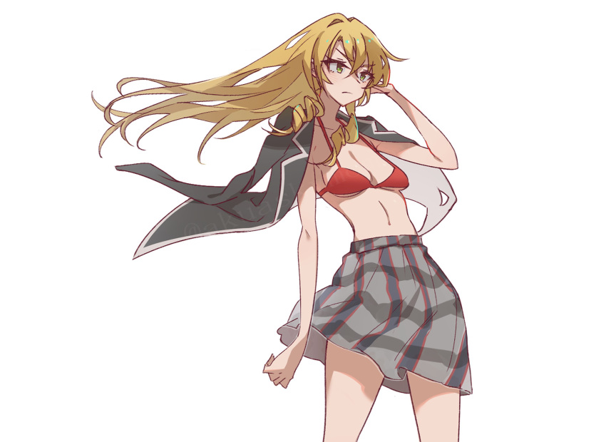 black_jacket blazer blonde_hair bra breasts closed_mouth drill_hair female green_eyes highres jacket long_hair medium_breasts miura_yumiko navel open_clothes open_jacket red_bra school_uniform simple_background skirt sobu_high_school_uniform solo underwear white_background yahari_ore_no_seishun_lovecome_wa_machigatteiru. yasutomo!_(akuasky)