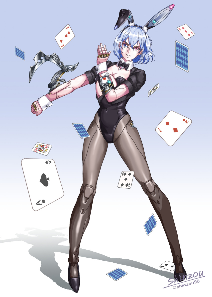 ace_(playing_card) ace_of_hearts ace_of_spades animal_ears arm_blade black_bow black_bowtie blue_background blue_eyes blue_hair bow bowtie card covered_navel cyborg fake_animal_ears female five_of_spades full_body gradient_background heart heterochromia highres jack_(playing_card) jack_of_clubs_(playing_card) joints king_(playing_card) king_of_hearts_(playing_card) leotard original playboy_bunny playing_card rabbit_ears red_eyes robot_joints shadow shinzou90 short_hair shrug_(clothing) solo spade_(shape) standing strapless strapless_leotard three_of_diamonds three_of_hearts two-tone_background two_of_clubs two_of_diamonds weapon white_background wrist_cuffs