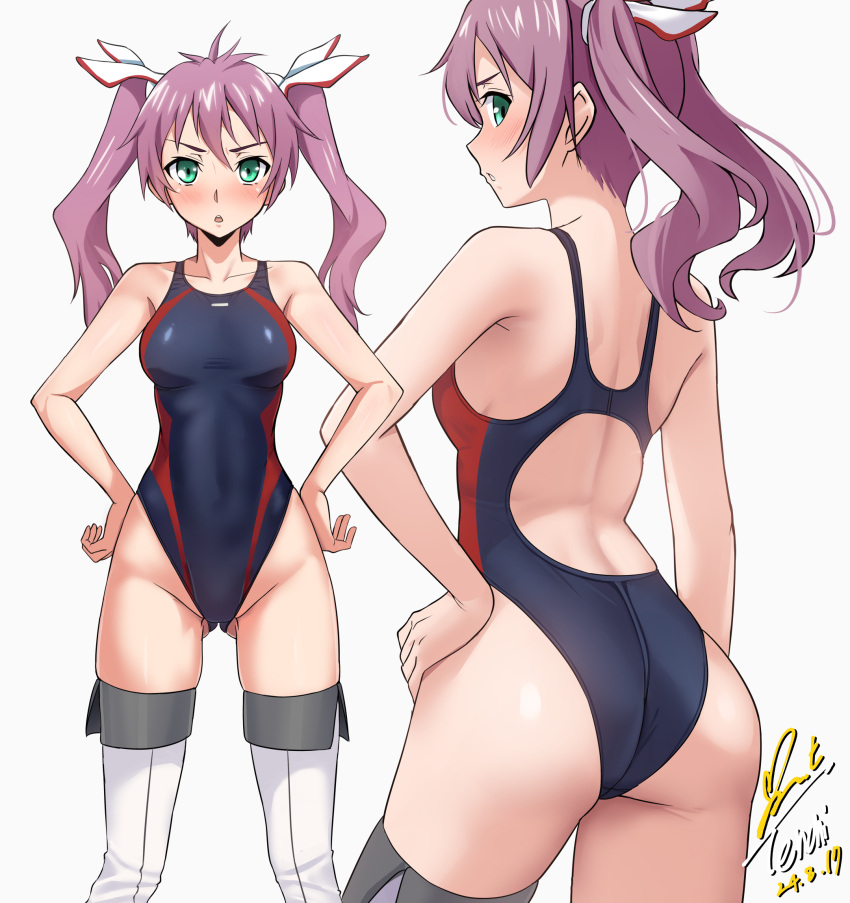 ass black_one-piece_swimsuit breasts commission competition_swimsuit dated female from_behind green_eyes grey_hair hair_ribbon hand_on_own_hip hands_on_own_hips highres long_hair looking_at_viewer looking_back mayo_chiki! multiple_views one-piece_swimsuit pixiv_commission ribbon signature simple_background small_breasts standing swimsuit tachi-e thighhighs twintails usami_masamune white_background white_thighhighs yoo_tenchi